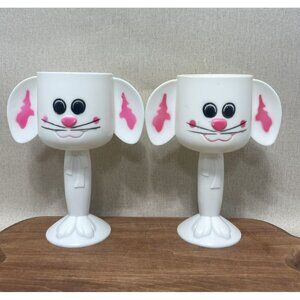 2 Vintage Kids Easter Bunny Rabbit Plastic Cup Mug Goblet 2005 Radco 7 Inch